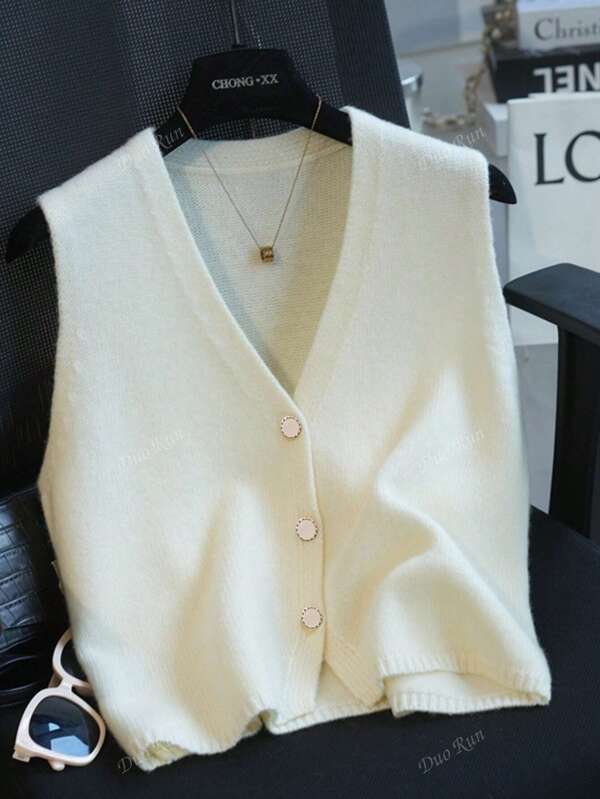 1pc White Solid Color Knitted Buttoned Precise V-Neck Sleeveless Summer Cardigan, Knitted Vest