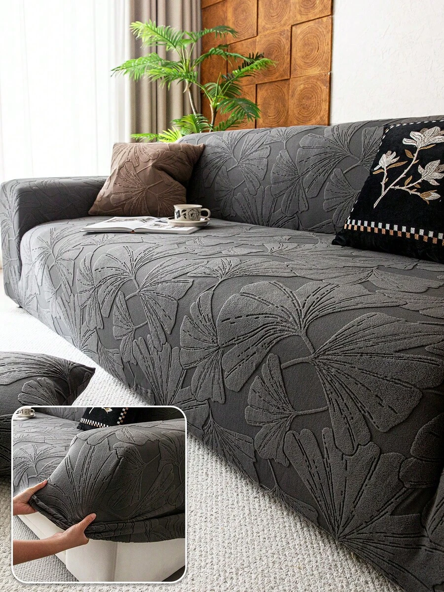 1pc Ruffled Sofa Cover, All-Season Universal Anti-Slip Pet-Friendly Dustproof Comfortable Fit For Bedroom Sofa, Machine Washable - Dark Grey - View 1