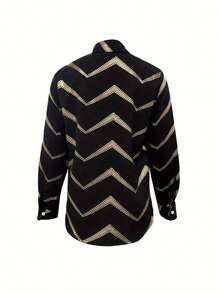 New Arrival Europe & America Style Printed Lapel Button-Up Long Sleeve Casual Comfortable Blouse For Women - Black - View 3