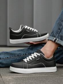 Men's Casual White Letter Patchwork Solid Color Outdoor Flat Sports Sneakers, Simple Versatile Work Shoes For Students - Black - View 8