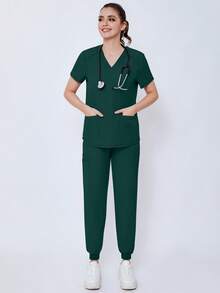 (Four-Piece Set) Scrubs Uniform Women's Running Matte Elastic Sports Nurse  Uniform Wash Clothes Work Clothes Breathable Scrub Shirt - Màu xanh lá cây đậm - Xem 10