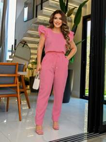 Women 2 Piece Set Casual Elegant Pleated Blouse Cotton Linen Pants With Ruffles On Scrub Sleeve Colors Fashion Spring Summer 2025 Women Clothing