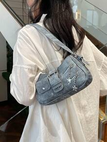 Women's Fashionable Personalized Punk Street Denim Blue Crossbody Shoulder Bag With Large Capacity, Y2k Bag, 2000s Fashion Style, Gothic Punk Bag For Women , Blue