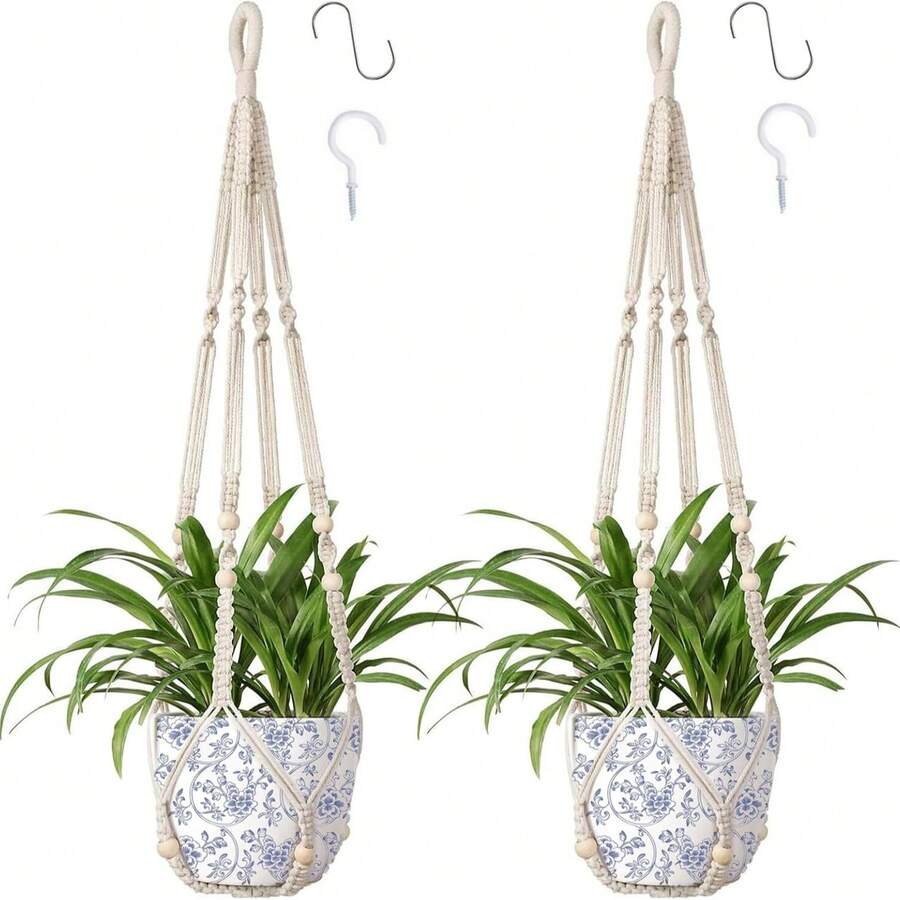 2Pcs Macrame Plant Hanger Garden Indoor Hanging Planter Basket Rope With Hooks - White - View 1