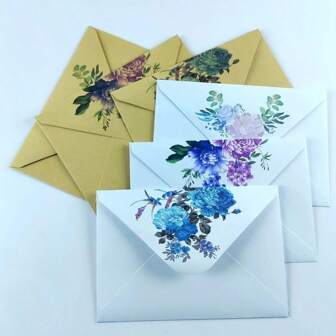 10/20/50pcs Elegant Minimalist Fresh White Envelopes With Peony & Wisteria Flower Patterns, High-End Cards, Postcards, School Invitation