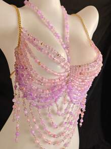 Unisex Body Chain, Couple's Intimate Accessories, Bra Decor, Sexy For Nightclub, Music Festival, Rhombus & Floral Print, Glitter, Romantic French, Pastoral Mature Charm, Luxurious Classic Sexy Acrylic Beaded Tassel Rhinestone Fringe