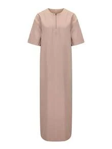 Vestaglia corta con maniche corte, casual, da uomo, in stile mediorientale, di colore cachi, elegante vestito lungo alla moda - Cachi - Visualizzare 4
