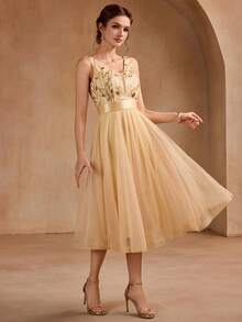 Đầm phù dâu dáng chữ A cổ chữ V đính sequin và vải lưới, đầm dự tiệc Giáng sinh, đầm dạ hội thanh lịch dành cho nữ, phù hợp cho khách dự đám cưới, lễ tốt nghiệp, dạ tiệc và các dịp khác. - Vàng - Xem 6