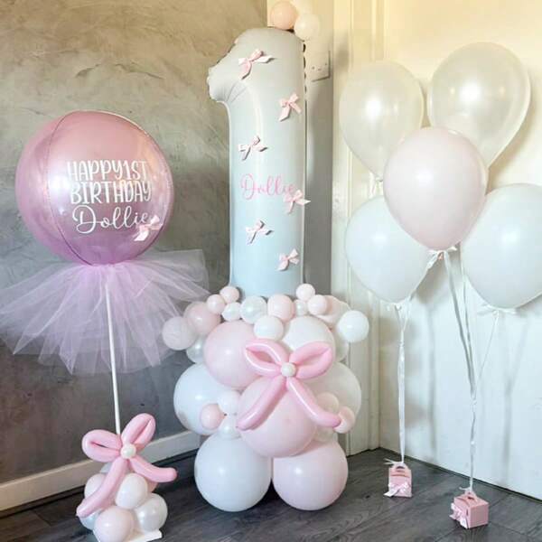 54pcs Pink Bow Balloon Columns, 32inch White Balloons,Pastel Princess 1st Birthday Colorful Party Decorations Supplies, Suitable For Birthday, Anniversary, Holiday Celebration, Gender Reveal, Indoor & Themed Party Decor