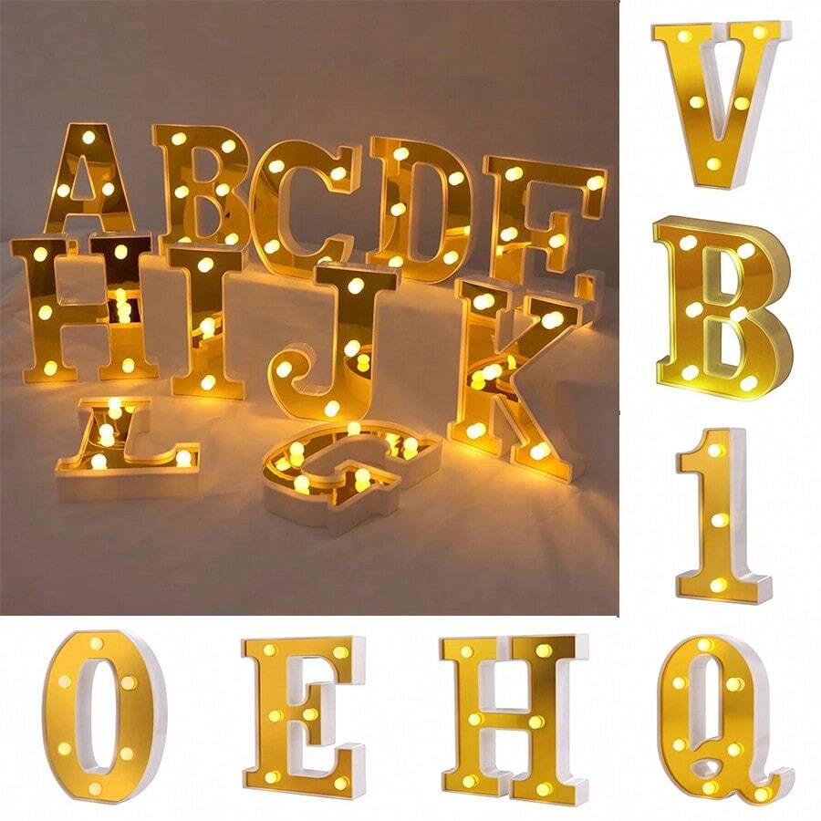 26 Letter LED Lights Luminous Number 0-9Lamp Wedding Birthday Christmas Decoration Decoration Night Light Party Bedroom 16CM Height (Without Battery) - Gold - View 1