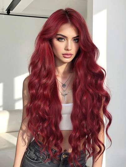 HAIRCUBE 26 英寸长假发，带刘海，酒红色和棕色，时尚长波浪假发，适合女士，合成头发，优雅休闲，耐热派对日常使用，适合女孩日常派对圣诞节特惠。