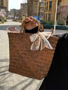 Handmade Straw Shoulder Bag Summer Women's High Quality Woven Rattan Handbag Female Beach Travel Tote Purse Bohemia Woven Handbag For Women Retro French Straw Woven Bag Versatile Large Capacity Waterproof Bag Bohemia Vacation Beach Totes Bag - Coffee Brown - View 6