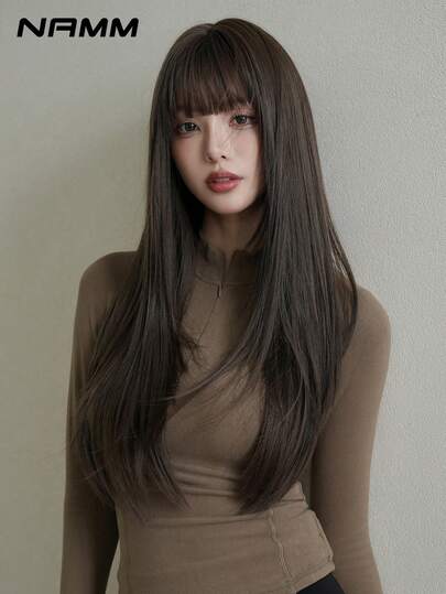 NAMM 28 Inch Linen Brown Wigs For Women Long Straight Hair Wig With Bangs Natural Looking Soft High Quality Synthetic Heat Resistant Fiber Wig For Girl Daily Party School Use