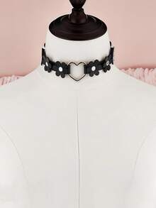 1pc Solid Color PU Leather Steampunk Heart Pendant Floral Decor Adjustable Necklace, Suitable For Party, Gathering, Daily Wear Neck Decor, Halloween