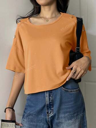 Blusa Mujer Puntos Estampado Dorado Manga Corta Boxy Suelta Fresca Suave Peach Formal Semiformal Oficina Fiesta Primavera Verano