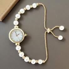 1 pieza Elegante reloj de cuarzo casual de mujer con cadena de metal con cuentas, accesorio adorable de perlas artificiales para fiesta