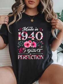 T Shirts Women 85 Year Old Made In 1940 Floral 85th Birthday Women T-Shirt Beach Summer Shirts Women Clothes Black Top - Black - View 1
