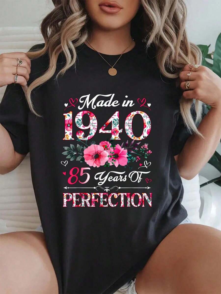 T Shirts Women 85 Year Old Made In 1940 Floral 85th Birthday Women T-Shirt Beach Summer Shirts Women Clothes Black Top - Black - View 1