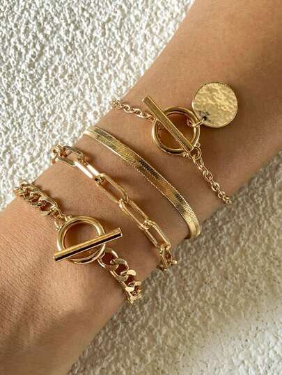 4pcs/Set Unisex Bracelet Set - Bohemian Style, Flat Snake Chain, Paperclip Chain, Chain, Beaded, And Regular Chain Designs, Suitable For Daily Wear And As Gifts