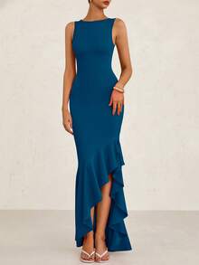 Women's Summer Elegant Slim Dress Sleeveless Peplum Mermaid Cocktail Wedding Guest Formal Dress - 湖藍色 - 查看 4