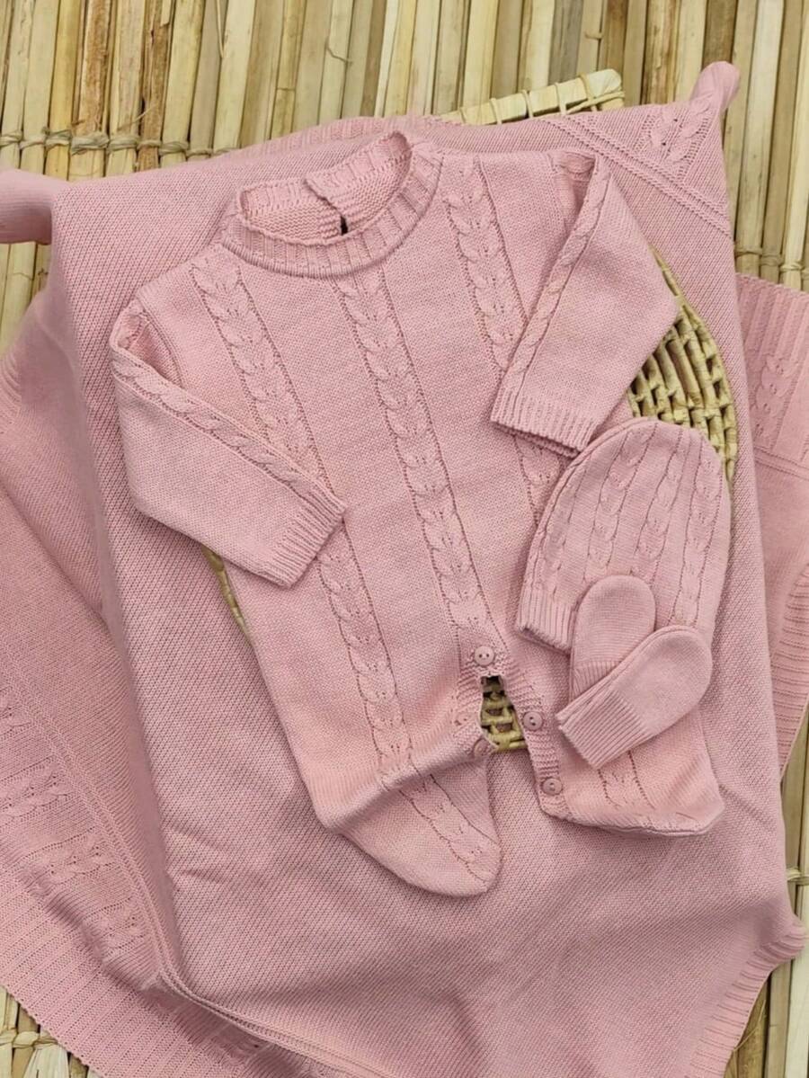 Complete Knitted Maternity Outfit, Blanket, Hat And Gloves - 乾枯玫瑰色 - 查看 1
