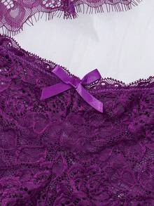 深 V 领蕾丝透明时尚迷人设计睡衣套装，性感女士睡衣 - 紫色 - 查看 5