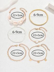 6pcs Fashionable & Minimalist Beach-Style Elastic Plastic Anklets Set With Shell Pendants & Single Row Rhinestones, Summer Fashion Items, Great Surprise Gift For Friends And Family - Multicolor - View 5