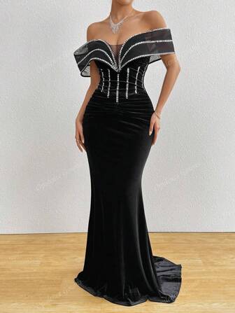 New Solid Color Rhinestoned Velvet Bardot Dress, Fitted Fishtail Hem Evening Gown,Party Dress,Formal,Wedding Guest