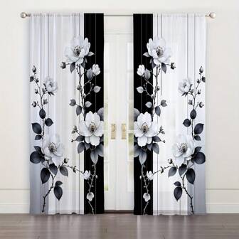 2 件灰色、白色和黑色花卉艺术风格杆式窗帘，杆袋设计提供隐私保护，适用于卧室、客厅、书房等各种场所的家居装饰，为家居注入时尚活力。