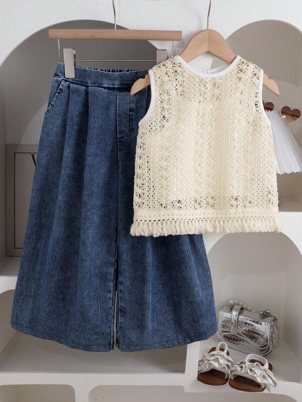 Girls Summer Casual Elegant Hollow Out Fringe Trim Crop Top & Camisole & Fashionable Wide Leg Jeans 3-Piece Set
