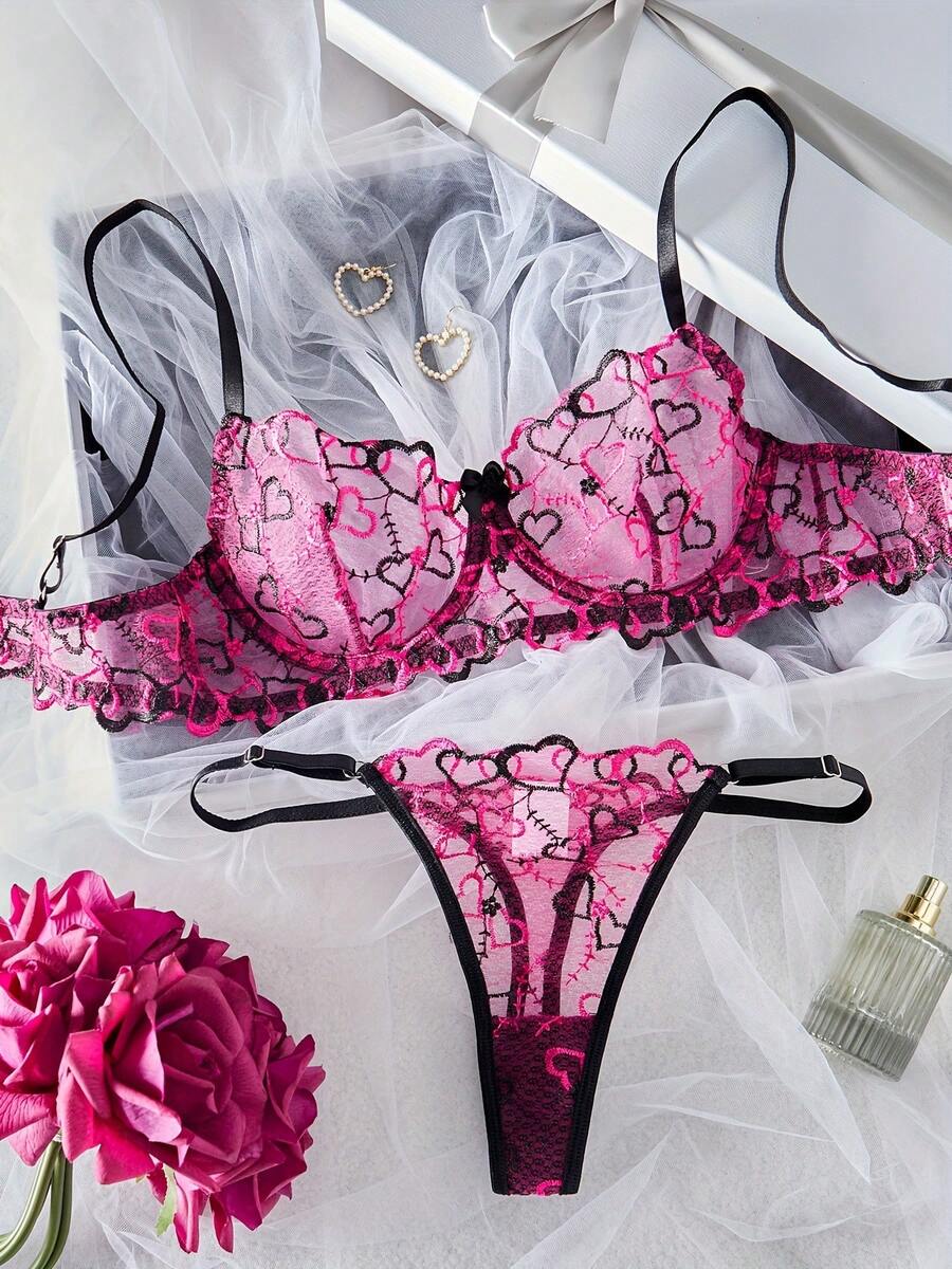 Sexy Heart Patchwork Sheer Mesh Lingerie Set, European And American Style Temptation Intimate Apparel - Black - View 1