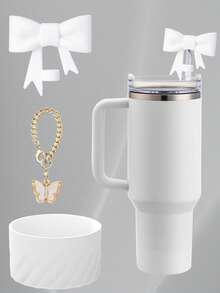 4 件/3 件硅胶螺旋纹理杯套，蝴蝶结吸管盖适合 10 毫米/0.39 英寸吸管，卡通可爱设计，防滑防摔降噪，兼容 、蝴蝶吊坠配件、运动水壶配件套装、生日礼物、返校用品 - 彩色 - 查看 1