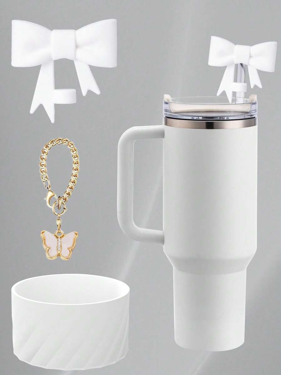 4 件/3 件硅胶螺旋纹理杯套，蝴蝶结吸管盖适合 10 毫米/0.39 英寸吸管，卡通可爱设计，防滑防摔降噪，兼容 、蝴蝶吊坠配件、运动水壶配件套装、生日礼物、返校用品 - 彩色 - 查看 1