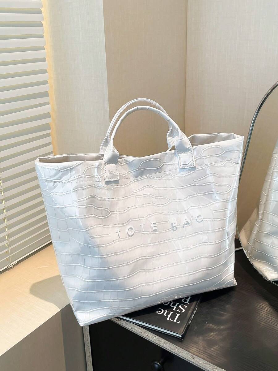 Large Capacity White Fashion Crocodile Pattern Jelly PVC Tote Bag, Waterproof Handbag With Wristlet Strap, Suitable For Women Office Work Commute, School, Travel, Unisex Design