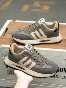 Men's Spring New Shock Absorption Soft Bottom Leather & Mesh Patchwork Breathable Casual Sneakers, Shock-Absorbing, Anti-Slip, Durable, Fashion, Suitable For Running, Commuting, Work, Daily, Campus, Sports, Youth