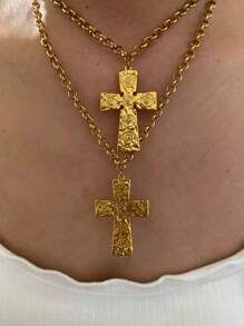 Monlansher Nuova collana da donna con pendente a croce, design in metallo in rilievo esagerato, realizzata in acciaio inossidabile, alla moda, versatile e adatta all'uso quotidiano, colore oro