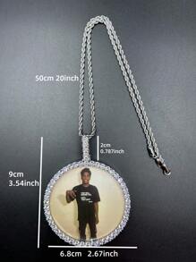 Customized Large Round Frame Photo Pendant Necklace, Brass & Zirconia Sparkling, DIY Photo, Hip Hop Daily Wear Jewelry, With 50cm Twisted Chain Gift, Silver, Stylish, Colorful, Vintage, Simple, Unisex, Casual, Cuties, Custom, Personalized, Unique, Ideal Gifts For Him, Middle School Students, High School Senior High School Students, College Students, University Students, Freshman, Sophomore, Underclassmen,Chic Autum, Chic Winter