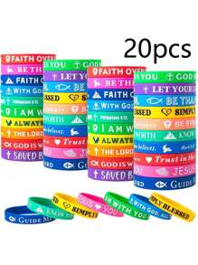 20-Piece Bible Verse Design Silicone Bracelet Set, Multi-Color Matching, Inspirational De-Stress Sports Running Bracelet (Random Color)