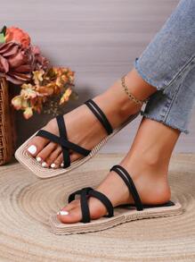 Women's Square Toe Straw Flat Sandals, Non-Slip Casual Slippers For Summer