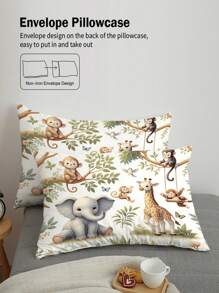 Juego de ropa de cama de 4 piezas con diseño de paisaje vívido con monos, elefantes y jirafas del bosque, que incluye funda nórdica con cremallera y estampado digital, adecuado para dormitorio, pensión, (1*Funda nórdica + 2*Fundas de almohada + 1*Sábana), regalo perfecto de primavera/verano para amantes de los dibujos animados