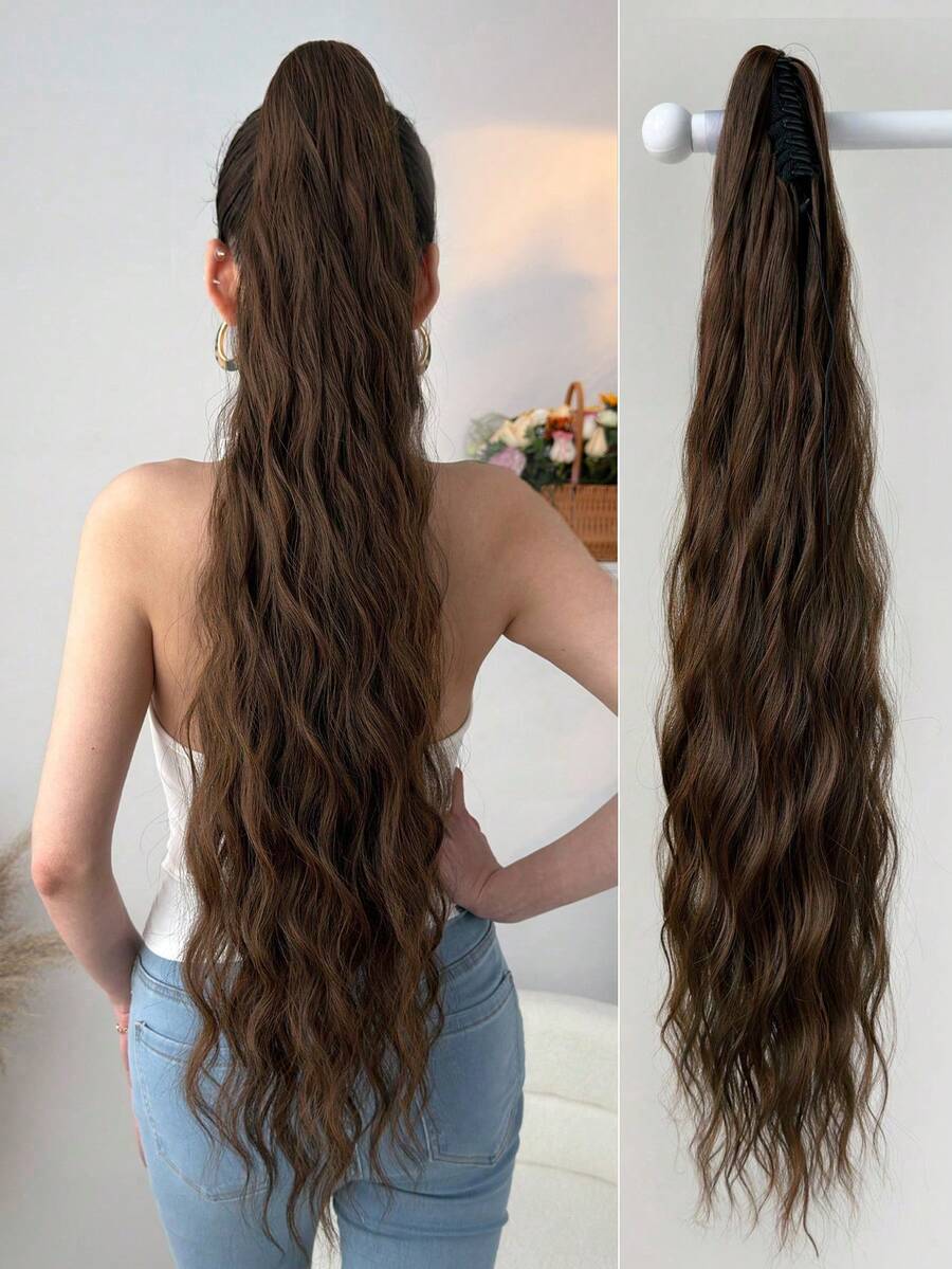 爪形马尾辫接发棕色 32 英寸长天然水波纹耐热纤维合成马尾辫假发适合女孩女士日常使用 - 黑棕色 - 查看 1