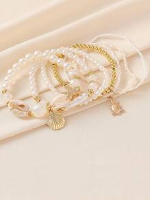 7pcs/Set 2025 New Design Charms Bohemia Summer Beach With Gold Starfish ,Sea Turtle,Shell , Pearls Beads Bracelets For Women Daily Prome Dress Legance Western Bracelets Accessories Jewelry Sets For Girls