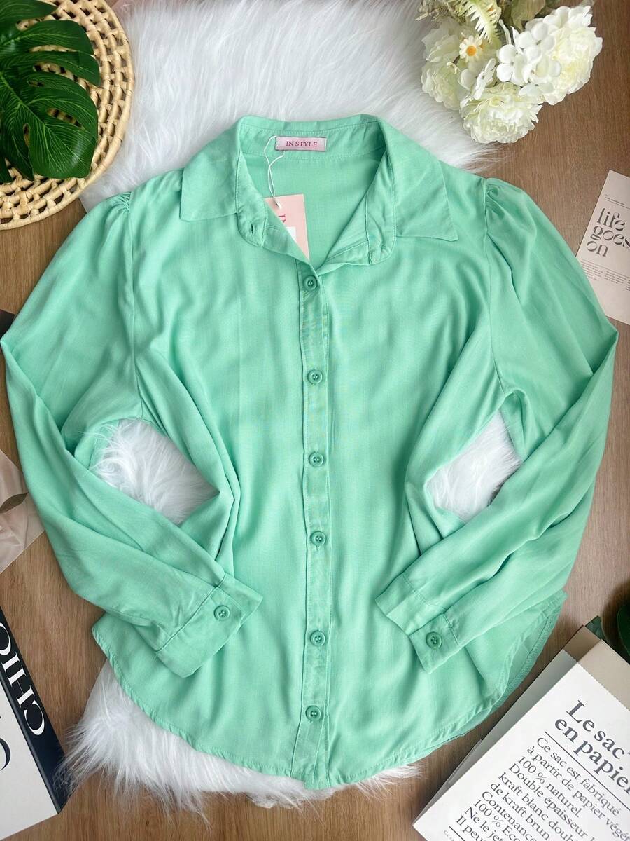 Women's Solid Button Down Shirt CasualSP035 - Green - View 1