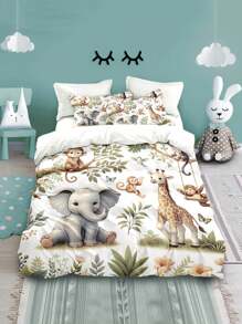 Juego de ropa de cama de 4 piezas con diseño de paisaje vívido con monos, elefantes y jirafas del bosque, que incluye funda nórdica con cremallera y estampado digital, adecuado para dormitorio, pensión, (1*Funda nórdica + 2*Fundas de almohada + 1*Sábana), regalo perfecto de primavera/verano para amantes de los dibujos animados