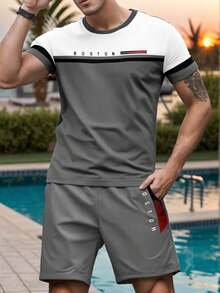 Men's Printed Lightweight Short Sleeve T-Shirt And Shorts Set, Simple & Fashionable, Suitable For Summer - Grey - View 4