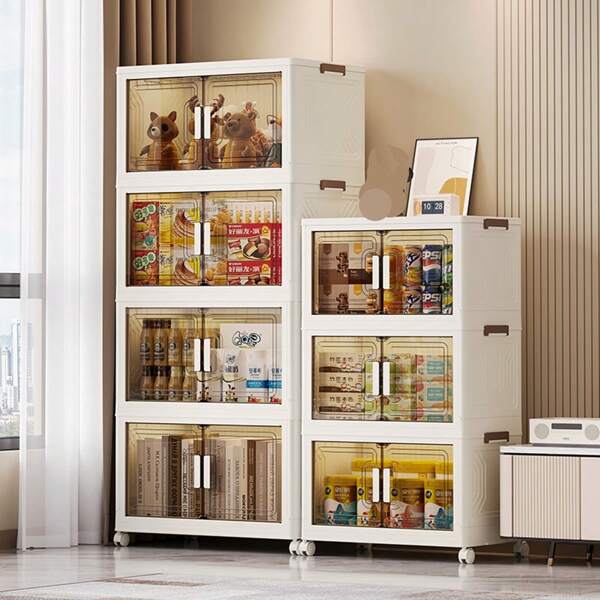 Double-Door Multiple Layers Foldable Storage Cabinet, No Assembly Required, High Capacity Home Use Children's Clothes & Toys Organizer, Plastic Snack Storage Box