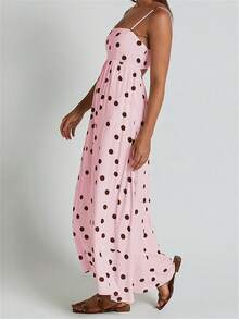 Women Summer Spaghetti Strap Dress Casual Dot Print Backless A-Line Party Dress For Vacation Cocktail Beach Streetwear - 粉色 - 查看 2
