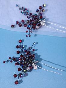 3pcs Romantic Crystal Hair Combs Set, Orange Dress Hair Pin Accessory, Olive Green Mori Style Gothic Dark Bride Wedding Hairpiece Valentine's Day Accessories,Summer,Beach,Festival,Birthday - Red - View 6