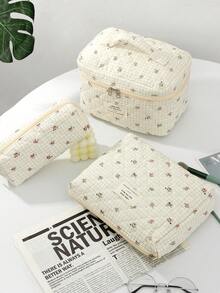 1Pc Green Makeup Bag, Quilted Toiletry Bag, Stylish And Casual Large Capacity Handbag, Tablet Storage Bag, Sanitary Napkin, Bag Cushion, Wired Headphones, Headphones, Charger, Lipstick, Cosmetics, Home Decoration, Suitable For Mothers, Students, Female Students, Office Workers, Commuting, Keys, Holiday Gifts - Beige - View 2