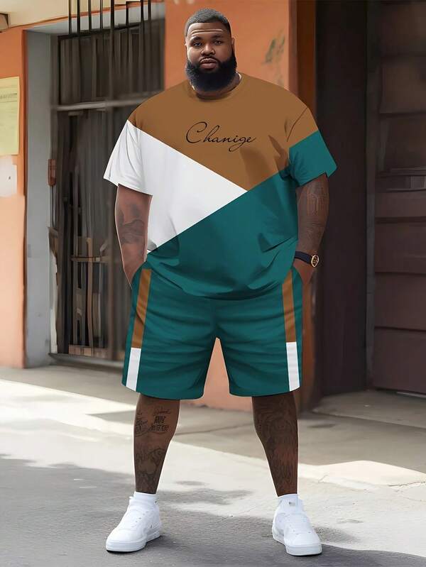 Men's Plus Size 3D Digital Print Color Block Casual/Sport Outfit - Crew Neck Short Sleeve Tee & Drawstring Shorts Set In White, Dark Green, Beige - Lightweight Polyester Blend Fabric, PLUS SIZE